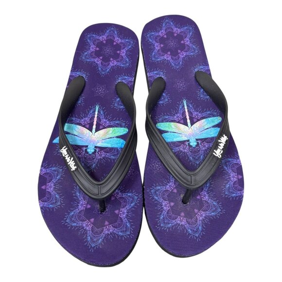 Yes We Vibe Purple Blue Dragonfly Mandala Beach Sandals Womens Flip Flops 7 8 - Picture 1 of 5